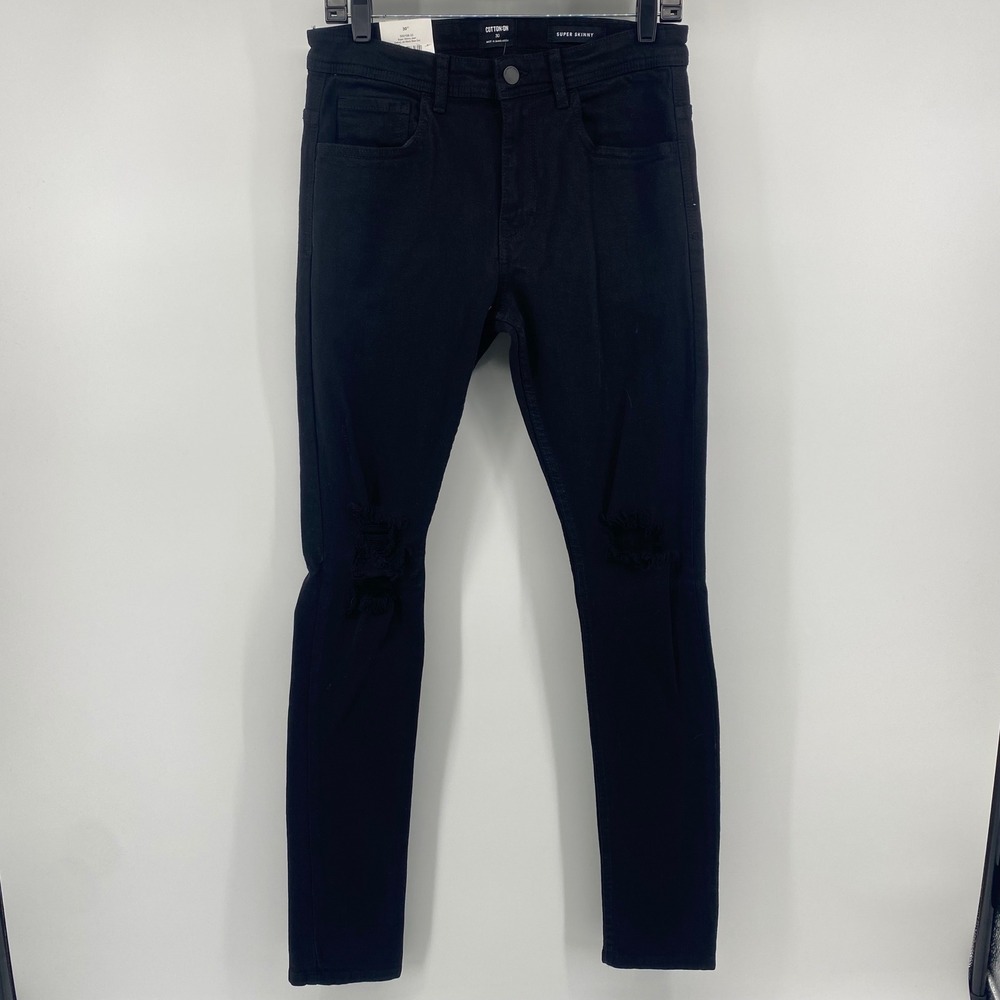 Cotton On Super Skinny Jeans Mens 30 Black Distressed Ripped Knee Jet Black NWT